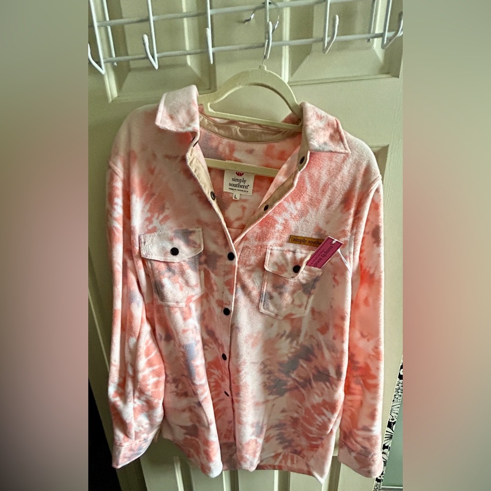 Simply Southern Peach Orange Gray Tie Dye Women’s Shacket Large NWOT